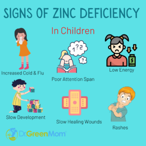A graphic displaying signs of zinc deficiency in children, like increased cold & flu, poor attention span, and low energy.