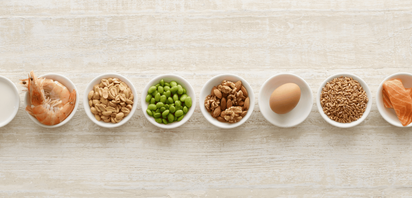 Four bowls filled with foods known for food sensitivities, including nuts and eggs.