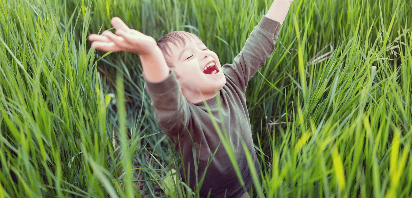 A young boy playing in a tall field of grass joyfully raises his arms to the sun.