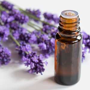 A small vial of essential oil rests next to a sprig of lavender.