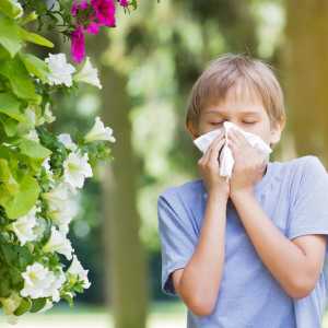 A boy blows his nose outdoors near a flowering plant. 