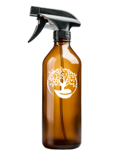 An amber glass spray bottle.