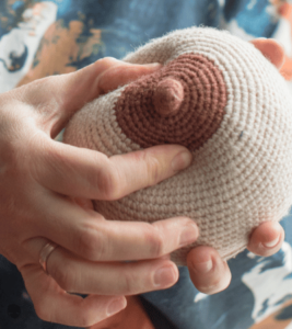 A lactation consultant uses a fake breast to demonstrate a proper latch. 