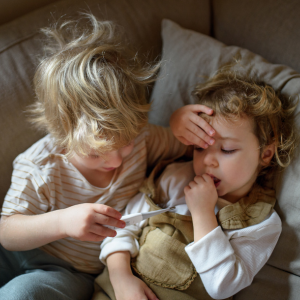 Sick kids laying together on the couch.