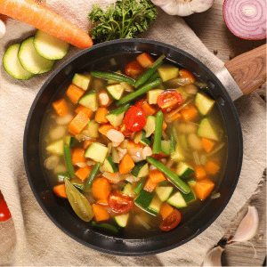 A pan of chopped vegetables.