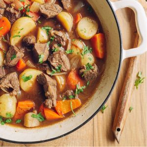 A pot full of beef stew.