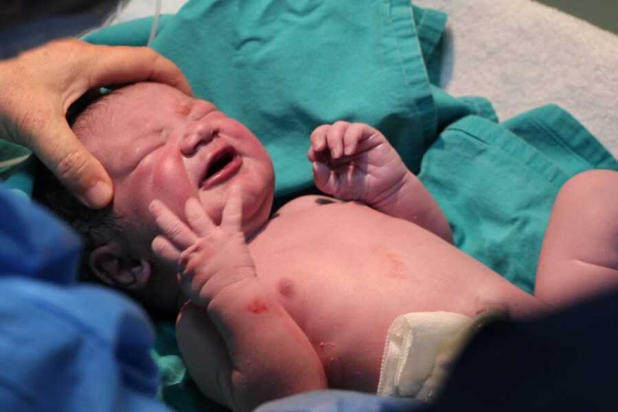 A newborn baby lays in a hospital bassinet immediately after birth.