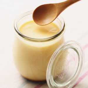 A glass jar of custard.