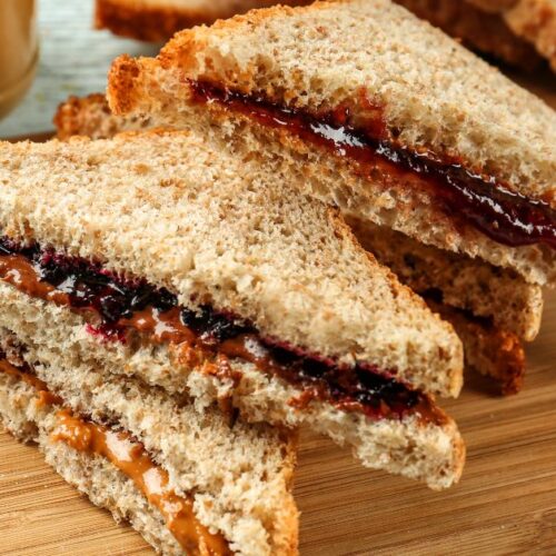 A pb&j sandwich on homemade wheat bread.