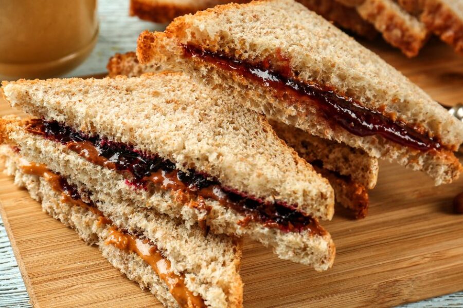A pb&j sandwich on homemade wheat bread.