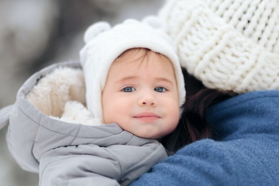 A baby dressed in warm clothes for cold weather.