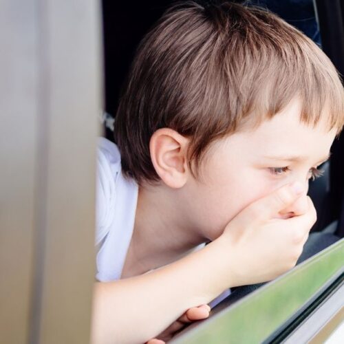 A sick boy sticks his head out of a car window.