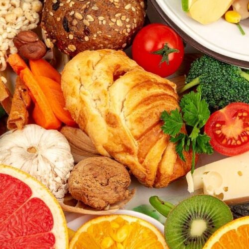 A variety of fruits. vegetables, and grains.