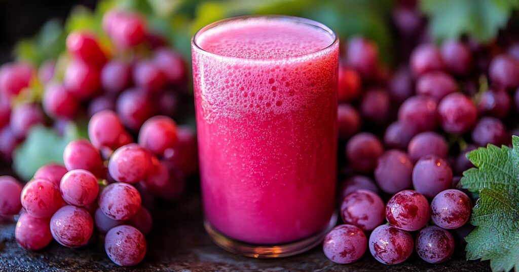 A glass of fresh grape juice surrounded by grapes.