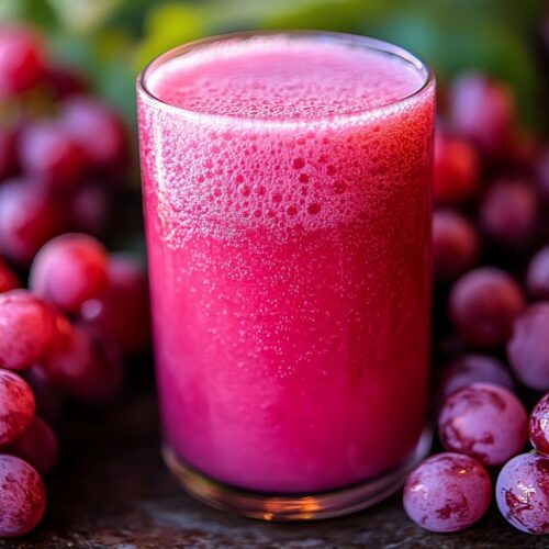 A glass of fresh grape juice surrounded by grapes.