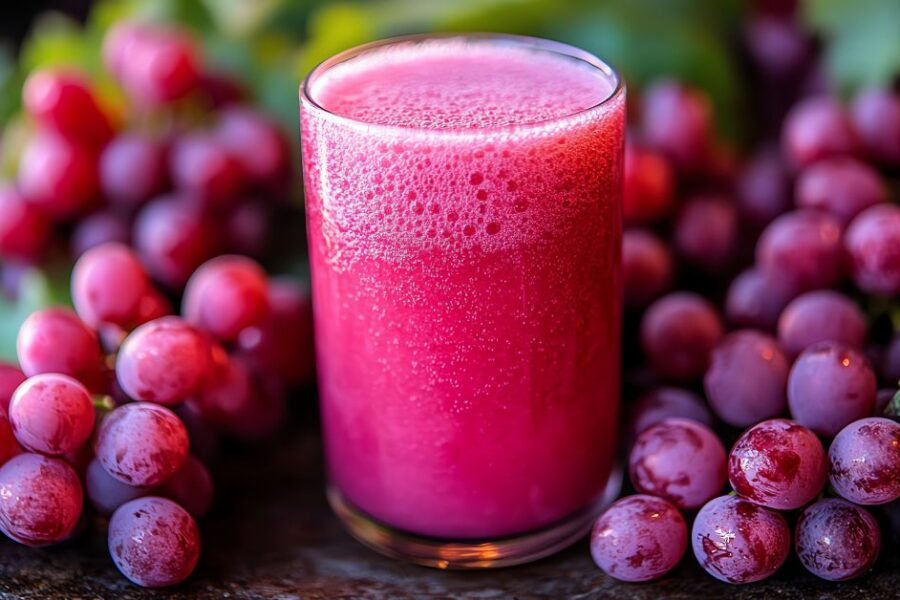 A glass of fresh grape juice surrounded by grapes.