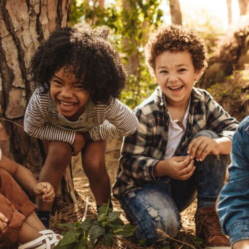 A group of kids plays in the woods.