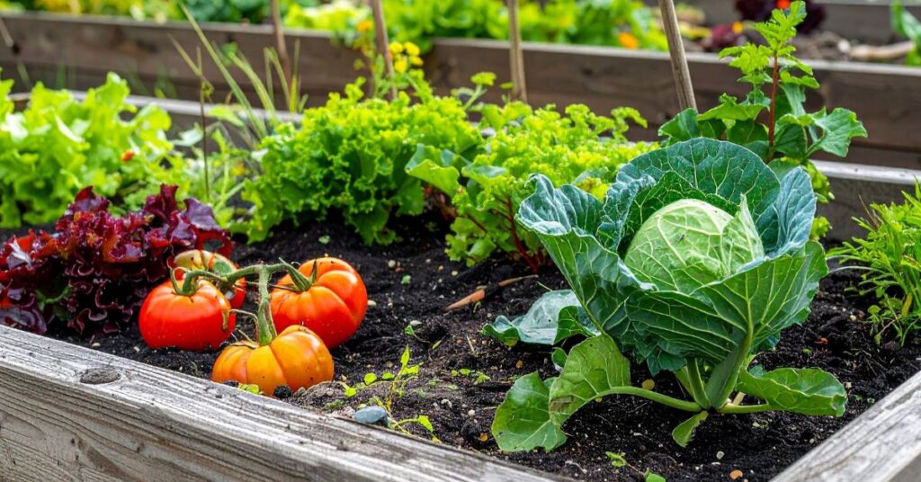 Colorful vegetables in a garden bed.