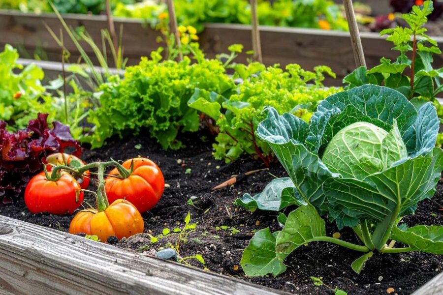 Colorful vegetables in a garden bed.