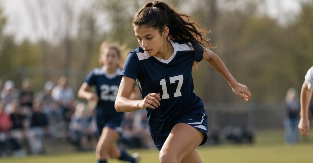 A teen girl plays soccer.