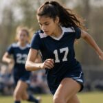A teen girl plays soccer.