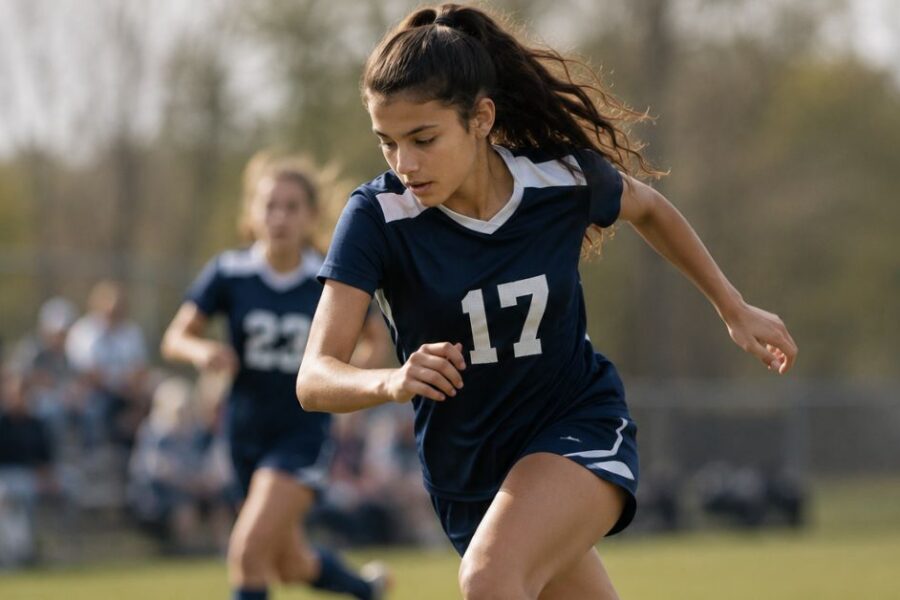 A teen girl plays soccer.
